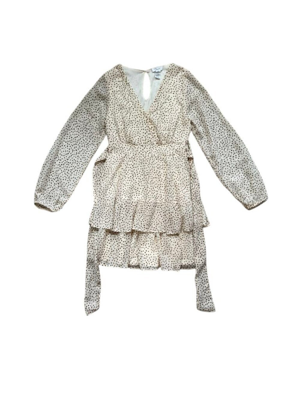 Japna Women's Size S Polka Dot Wrap Mini Dress Beige Ruffle Tie Waist Boho.